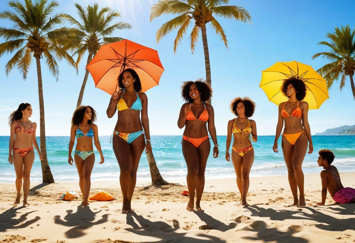 A vibrant beach scene with diverse individuals of different sizes and ethnicities joyfully wearing trendy summer beachwear. The sun shines brightly, casting warm golden hues over the soft sand and sparkling ocean waves. Include elements like colorful beach umbrellas, surfboards, and tropical flowers to enhance the atmosphere of positivity and self-love. The ocean should have a slight ripple, reflecting the sunlight, while the background features palm trees swaying gently. super-realistic. vibrant colors. sunny atmosphere.