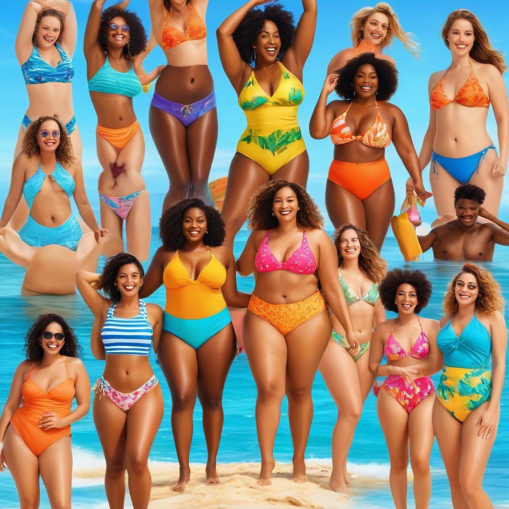 A sun-soaked beach scene featuring a diverse group of confident individuals wearing colorful summer swimwear, showcasing body positivity in various shapes and sizes. They are joyfully embracing the summer vibes with laughter, playful activities, and vibrant beach accessories, while the ocean waves gently lap at the shore. The backdrop features a clear blue sky and a bright sun, symbolizing warmth and acceptance. super-realistic. vibrant colors. beach setting.